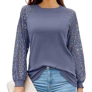 PCEAIIH Women's Long Sleeve Tops Lace Casual Loose Blouses T Shirts Size Small